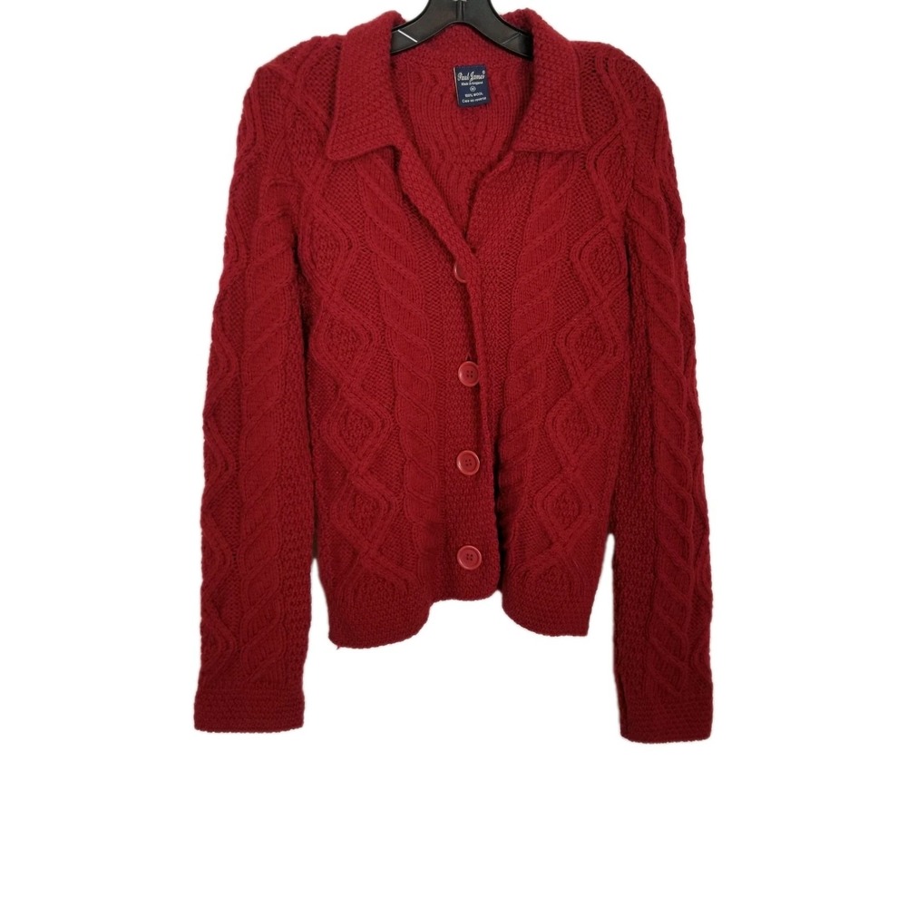 Paul James England‎ Women Wool Cable Knit Cardigan Sz M Red Button Up Sweater